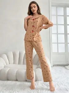 Women's New Cherry Print Pajama Set, Short Sleeve Long Pants, Elegant Slim-Fitting Home Wear, Spring & Fall Fashion