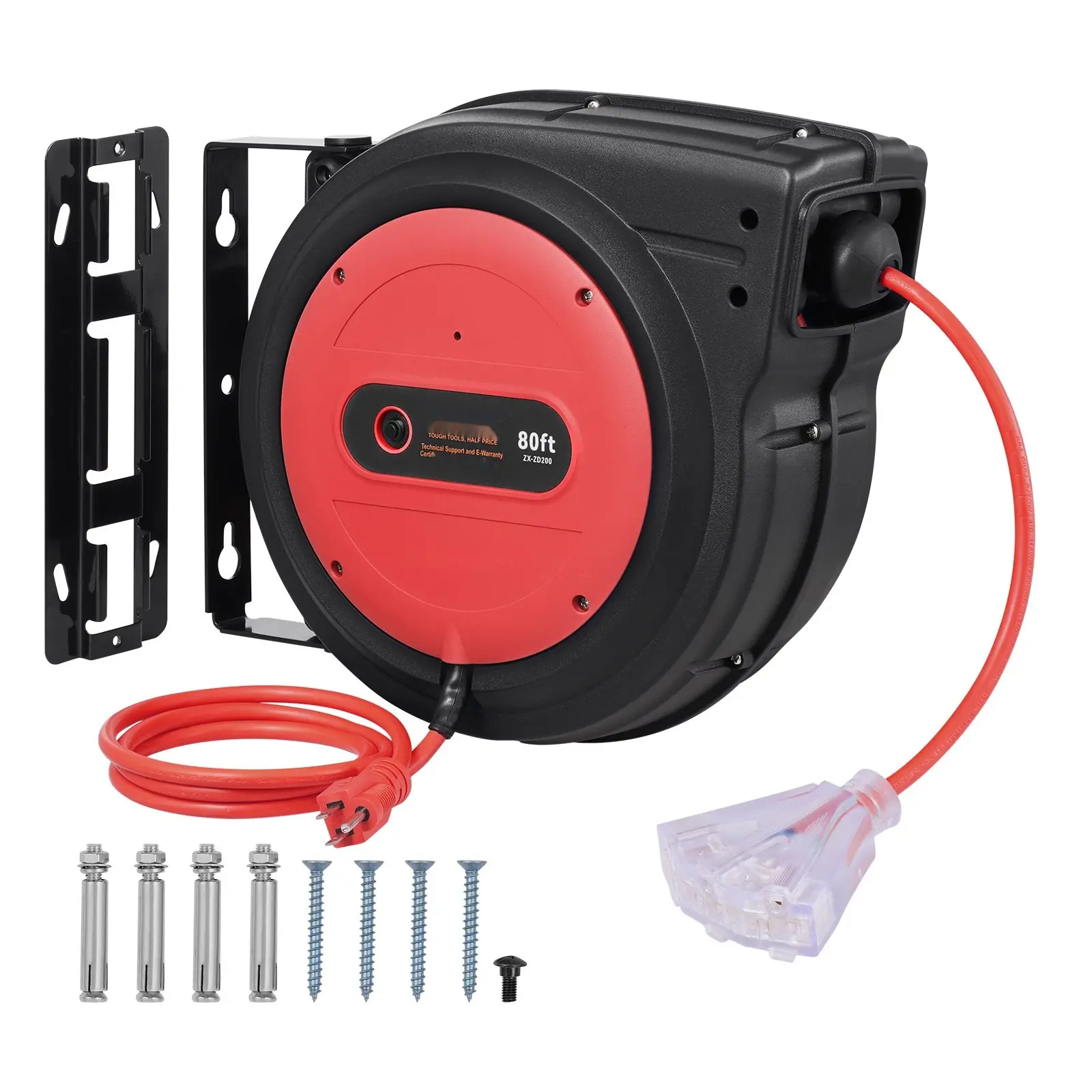 Retractable Extension Cord Reel For Power Cords, 80 Ft Heavy Duty 12 AWG, 3 Conductor SJTW/SJTOW Outdoor Indoor Use, Auto Retracting Cable Reel, Durable Cable Organizer For Garage, Workshop, And Outdoors