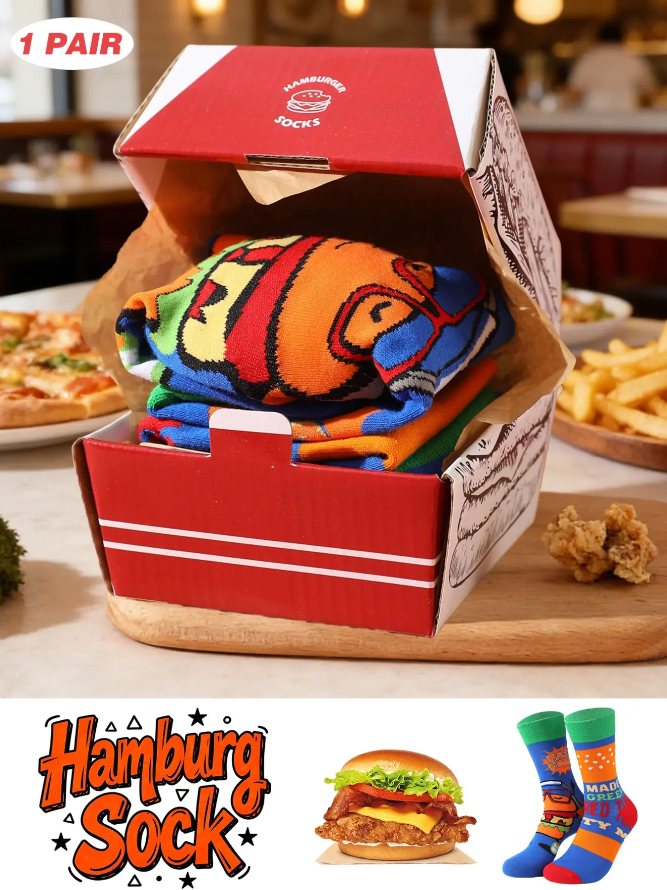 Creative Burger Theme Crew Socks, Perfect Gift for Men/women, Box Packaging, Ideal for Holidays & Parties, Unique Design for All Seasons