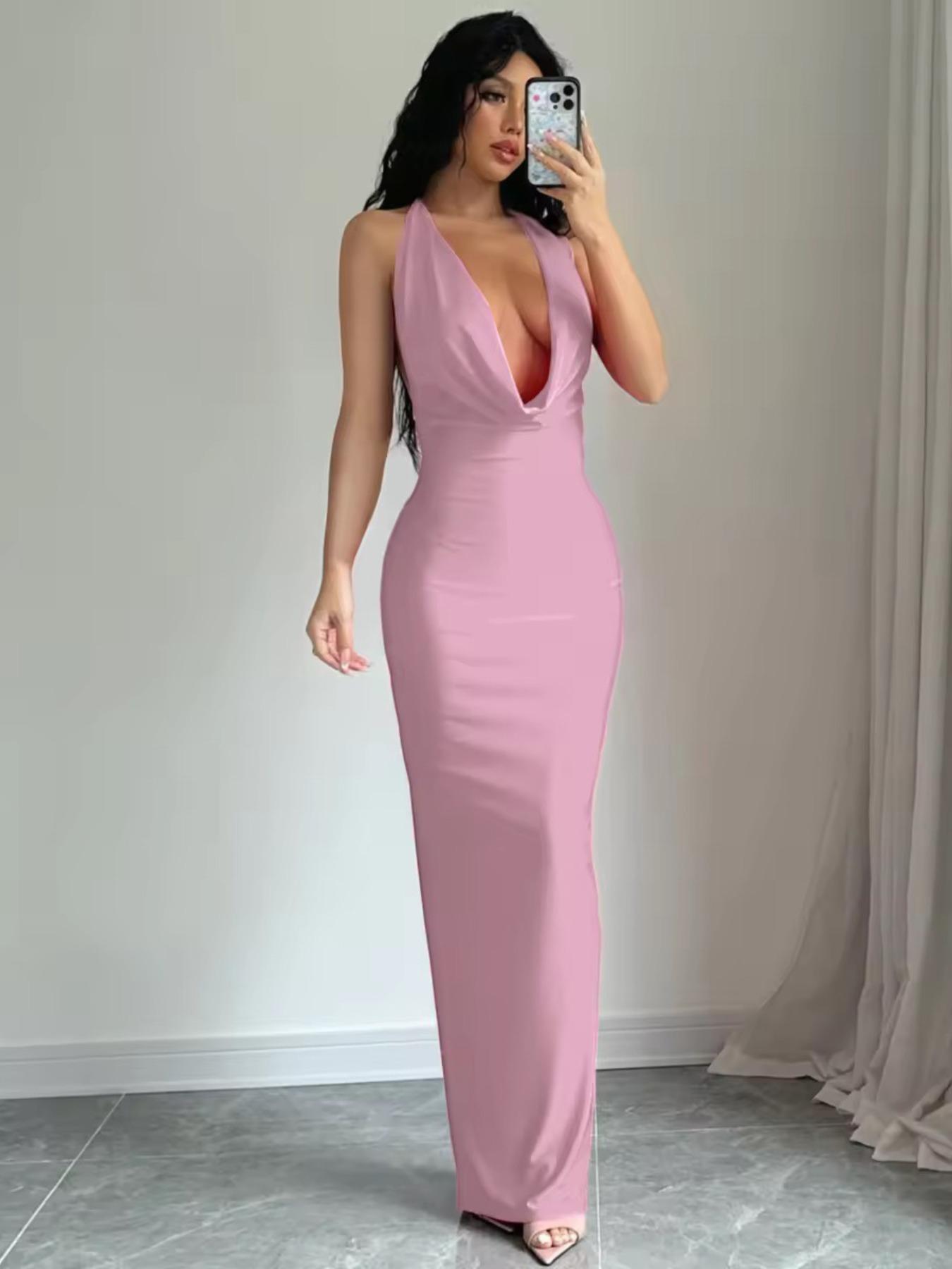 Women's Solid Backless Draped Tie Back Satin Dress, Fashion Halter Neck Sleeveless Long Bodycon Dress for Evening Party, Summer Outfits 2026, Ladies Summer Clothes