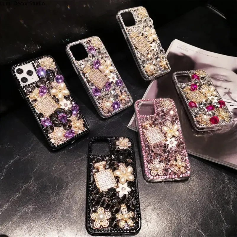 Rhinestone Perfume Bottle Phone Case - Full Diamond Silicone Protective Cover for 14-17 Pro Series Phones, Daily Carry and Luxury Style