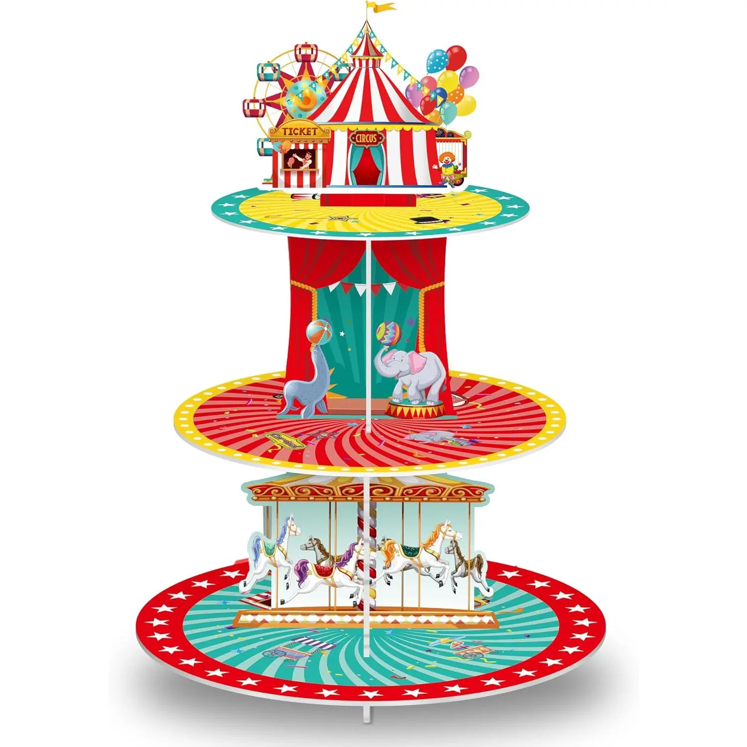 Carnival Circus 3-Tier Cupcake Stand | Cardboard tent-style dessert tower for cupcakes and  at circus, carnival, birthday and wedding tables