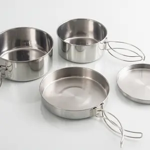 4Pcs Stainless Steel Outdoor Lunch Box Set, Foldable Portable Camping Cookware, Multi-functional Picnic Tableware Kit