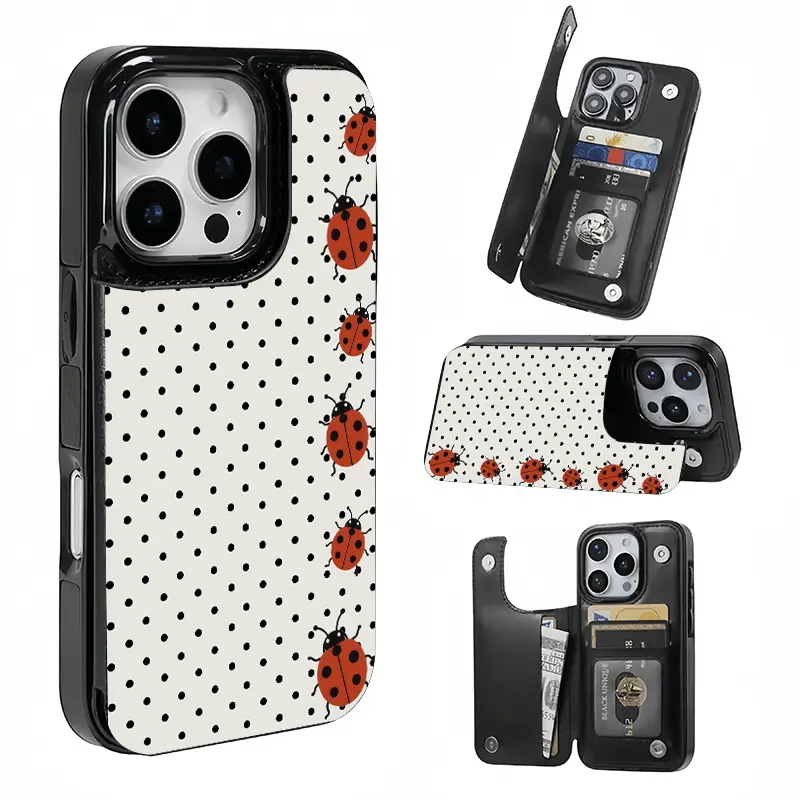 Polka Dot Ladybug Card Holder, This phone case features a card slot function, can store bank cards, transit cards and other cards, suitable for iPhone 17/16/15/14/13/12, and makes a great gift for girls.