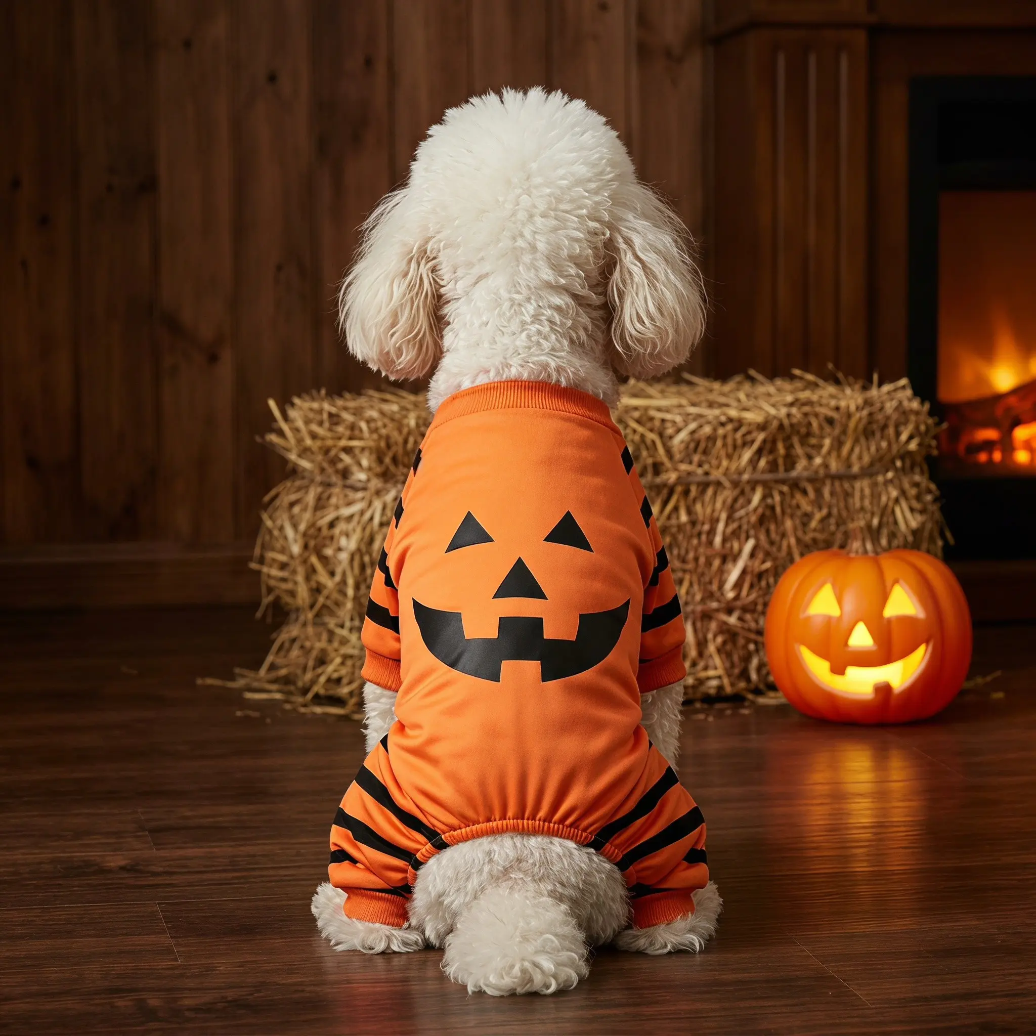 1 Piece of Pet Dog Halloween Pumpkin-face Four-legged Clothes (orange-black Color + Classic Pumpkin-face Print + Stripe Decoration), Suitable for Small/medium-sized Dogs and Cats for Holiday Outings, Trick-or-treat Dressing & Retro Funny-style Apparel