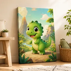 Cute Dinosaur Canvas Wall Art, Playful Kids Room Poster for Nursery Bedroom Playroom Classroom Decor, Available as Unframed Canvas Poster or Framed Canvas Wrap