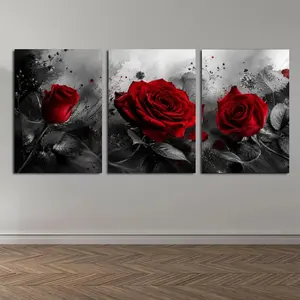 Black and Red Rose Triptych Canvas Wall Art, Moody Floral Print, Dramatic Flower Decor for Living Room Bedroom Office Hallway, Available as Unframed Canvas Poster or Framed Canvas Wrap