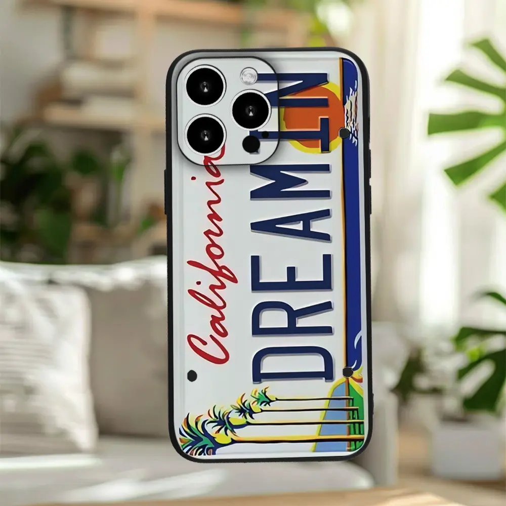 Minimalist "California Dream" UV-printed license plate style, full-wrap black phone case (iPhone 17, 16, 15, 14, 13, 12, 11)
