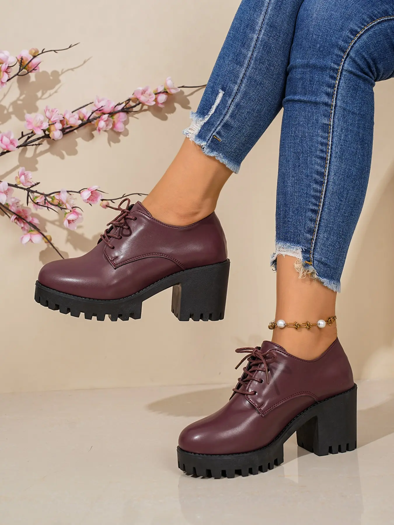 New Spring & Fall Glossy Thick Sole Shoes, Round Toe Lace-Up High Heel Design, Comfortable Non-Irritating, College Style Oxford Shoes