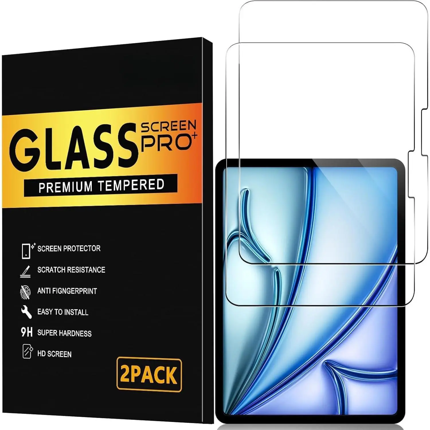2 Pack 9H Tempered Glass for iPad Air 11 Inch M4/M3/M2,  Clear