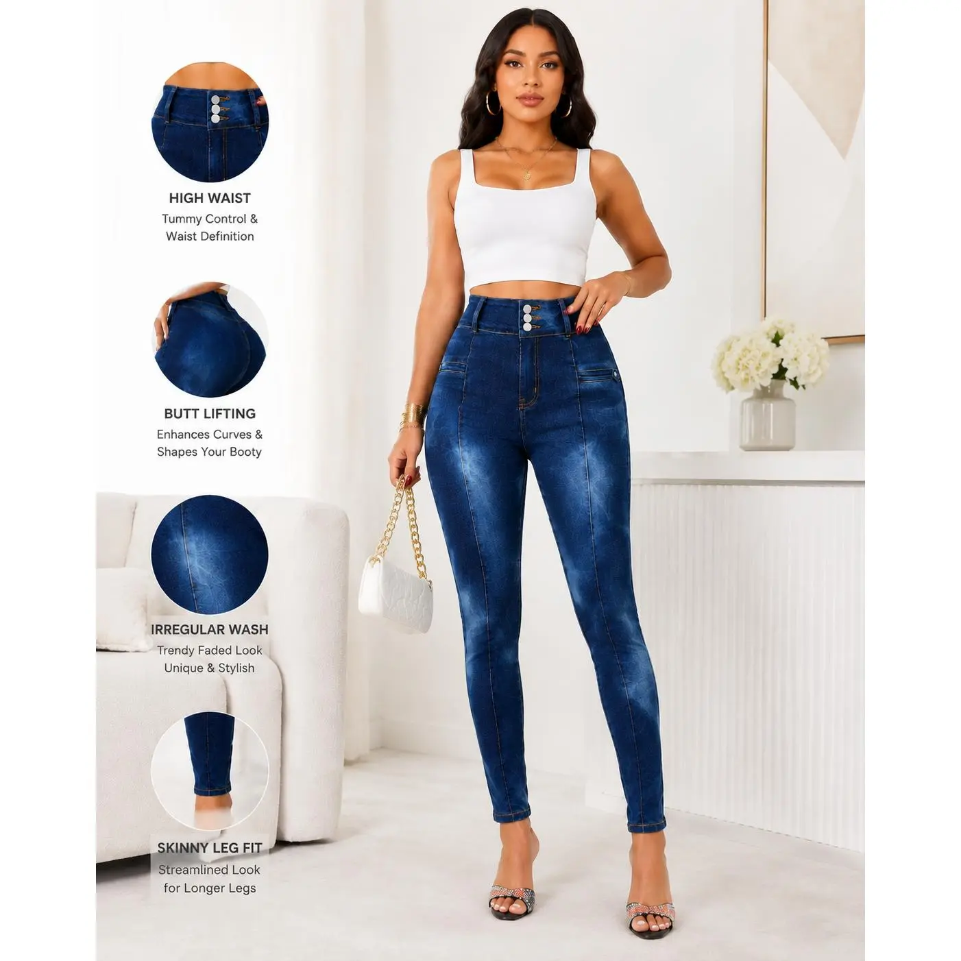 Women 3 Button High Waist Butt Lift Skinny Ankle Jeans Gradient Cloud Wash Seamed Decor Pockets Stretch Curvy Slim Fit Denim Pants Y2K Streetwear Trousers