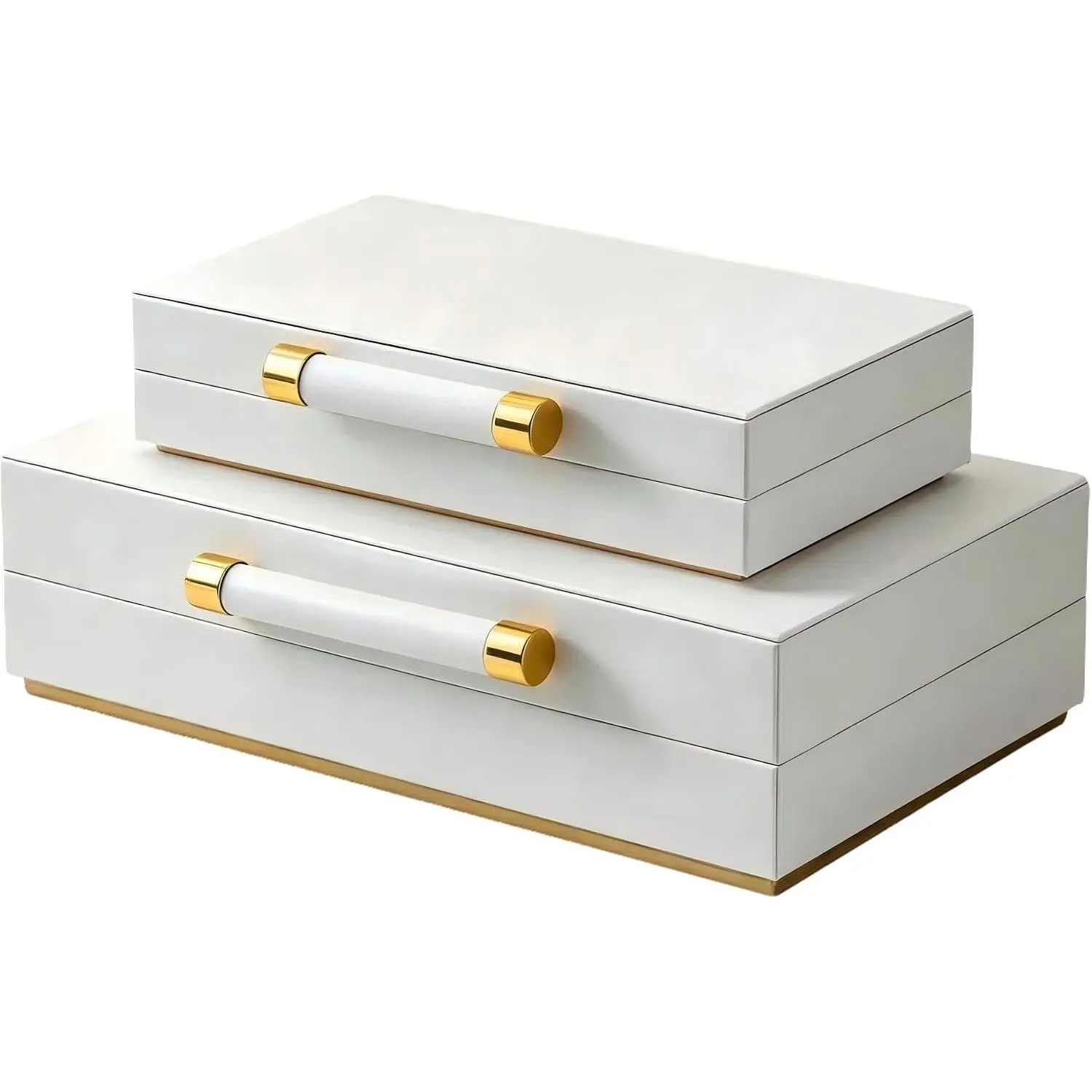 Decorative Storage Boxes with  for  Decor Set of 2 - Large White PU Leather Memory Box for Keepsakes, 8 Necklace Hooks & Elastic Pocket, Floating Base with  Handles, Photo & Modern