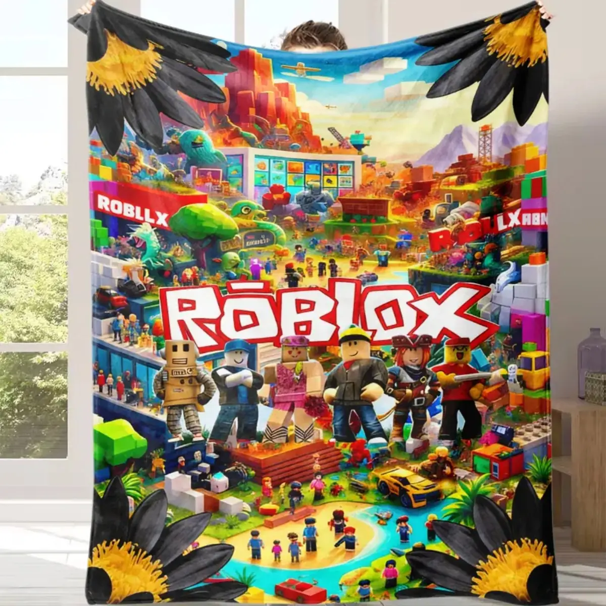 Roblox Game City Flannel Blanket, Cartoon Avatar Block Graphic Throw, Super Soft Cozy Throw, Plush Sofa Bed Blanket, Gaming Room Decor Gift for Roblox Fans