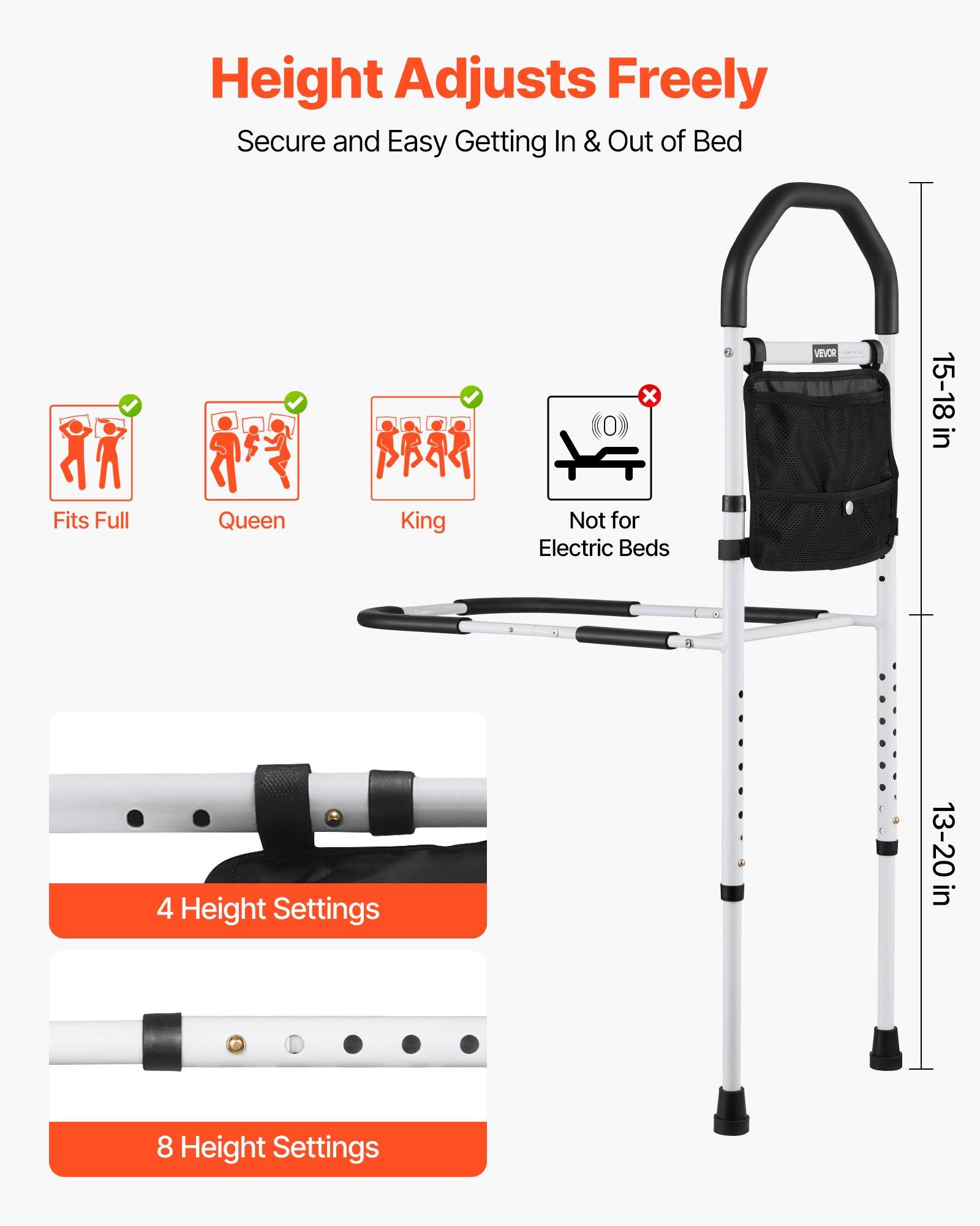 VEVOR Bed Rail for Elderly, Bedside Assist Rails with Supporting Leg and PU Handrail, Adjustable Height Carbon Steel Pipe Bedside Cane, Bed Bars for Seniors & Patients, Fits King, Queen, Full, Twin