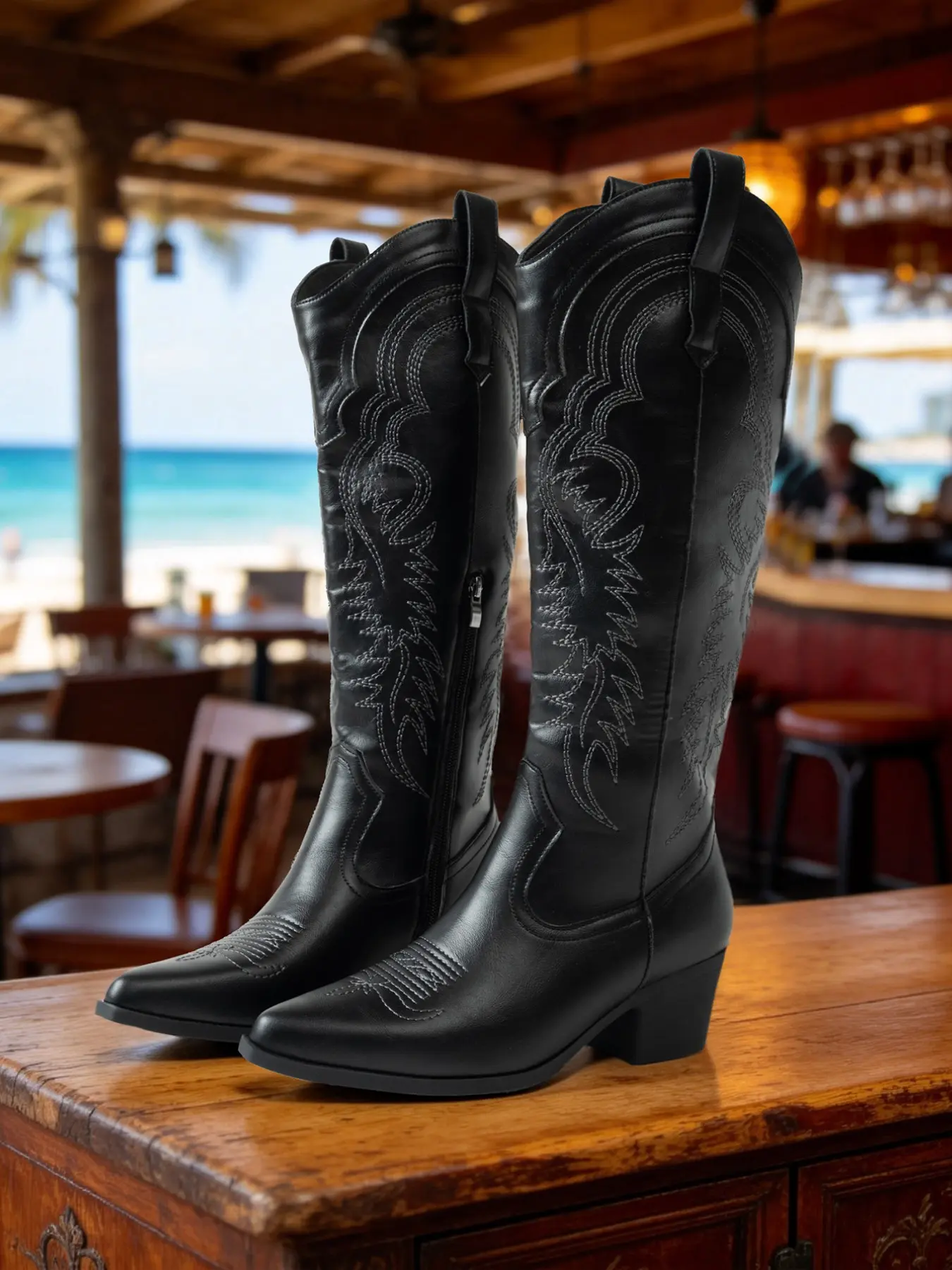 Women's Western Cowboy Boots, Vintage Floral Embroidery, Side Zipper, Pointed Toe, Chunky Heel, Knee-High Leather-Look Boots