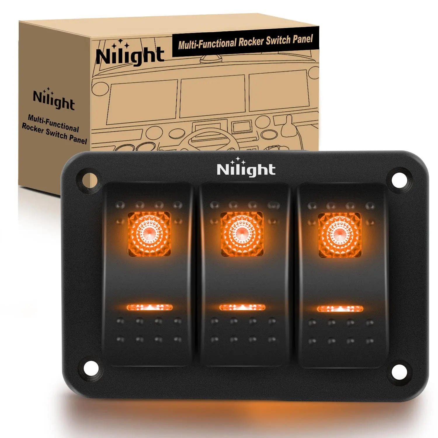 Nilight 3-Gang Aluminum Metal Panel Mount LED Light Switch - 5-Pin SPST ON/OFF Rocker with Orange Backlight, Waterproof DC 12V/24V for Ship, UTV, Automotive, Screw Installation, DIY Sticker Compatible