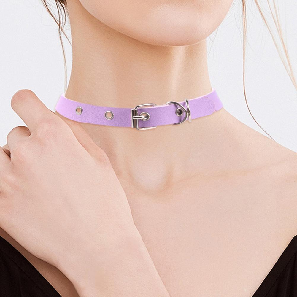 Women Necklace Faux Leather Vintage Punk Style Adjustable Solid Color Bukle Pin Neck Belt Party Club Choker Adult Jewelry