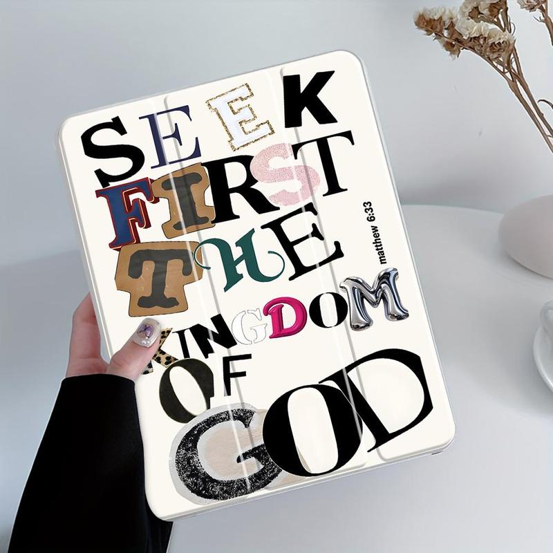 Vintage Stylish Seek First God's Kingdom iPad Folding Stand Case, Transparent Acrylic Hard Back with Pencil & Charger Slots, for iPad 10.2 inch 2019/2021, Mini, Pro, Air, Scratch-Resistant Ultra-Thin, Shockproof Full Protection Case, Tablet Accessories