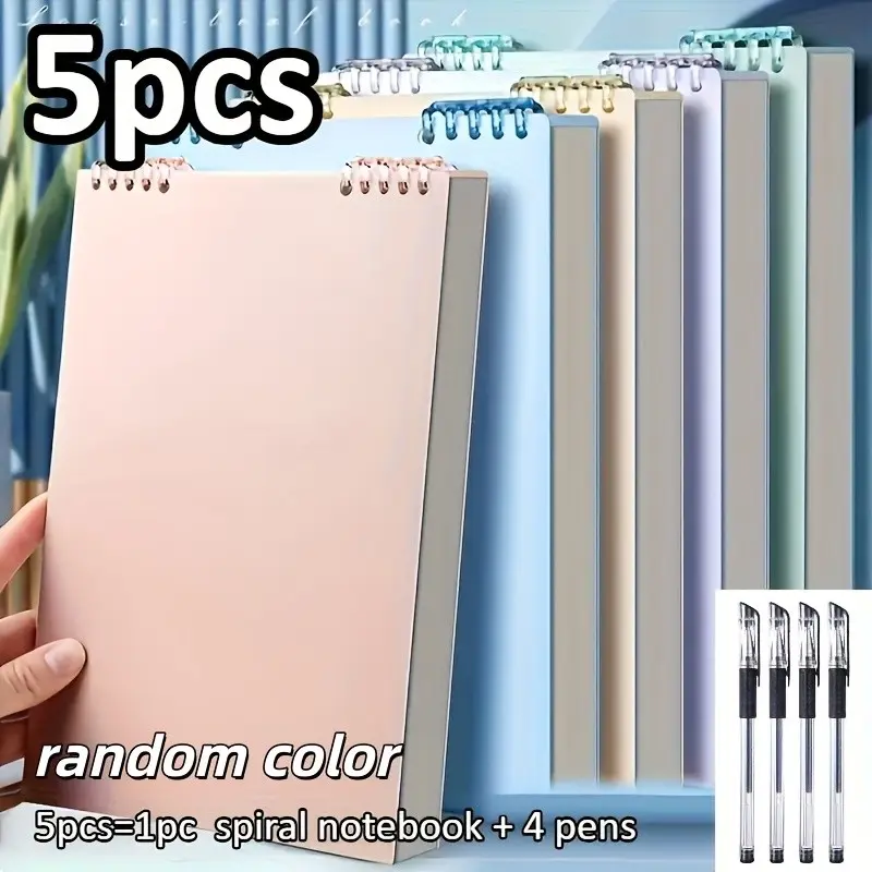 5-Piece Set Includes Random Spiral Notebook + 4 Pens, 60 Sheets 120-Page University Book with Perforated Paper, Thick Lined, Easy Tear for Notes, Note Taking Supplies