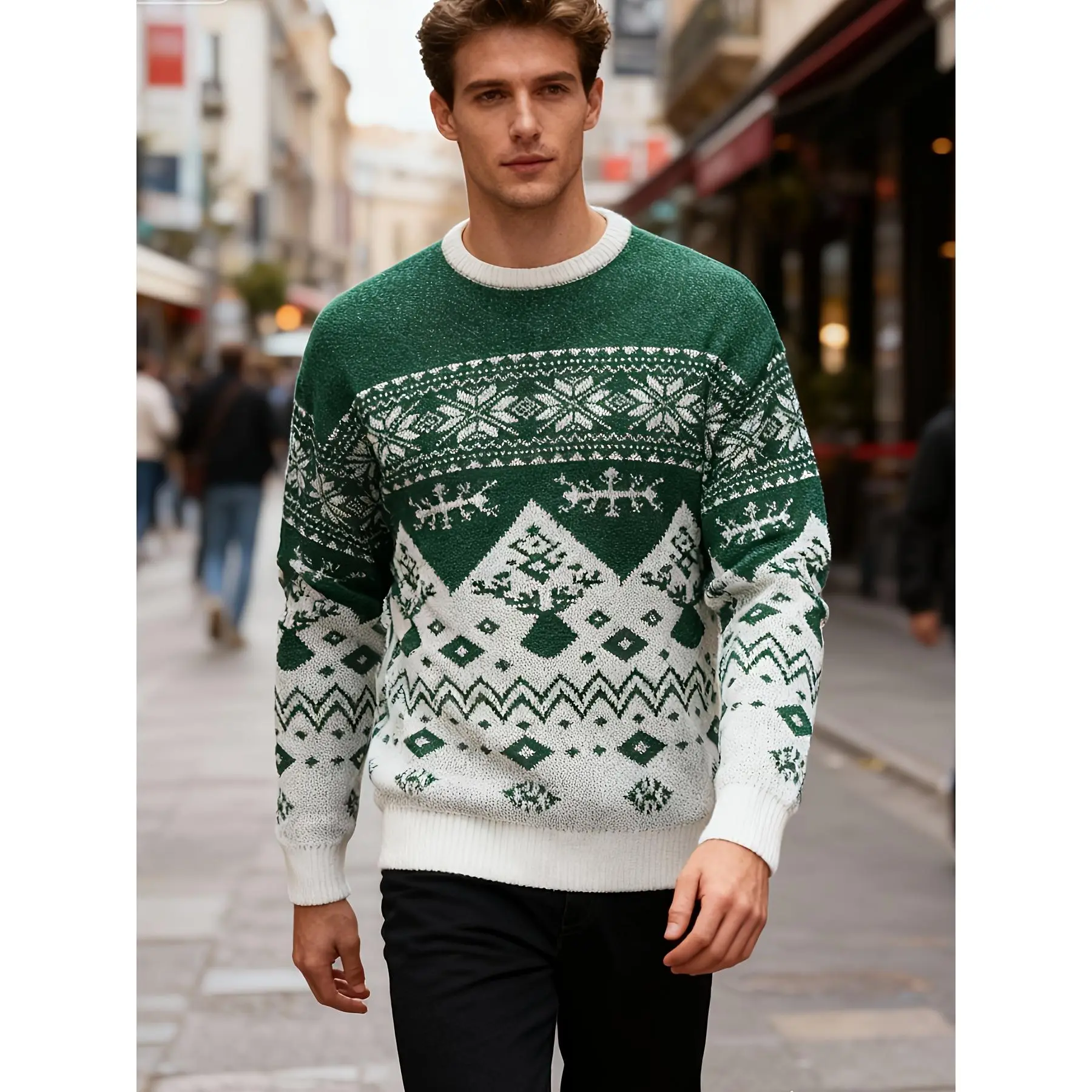 1-piece unisex crew neck sweater, a knitted Valentine's Day couple outfit, featuring color-blocked jacquard design with snowflake check and elk patterns, suitable for autumn and winter festivals, gatherings, parties and dates