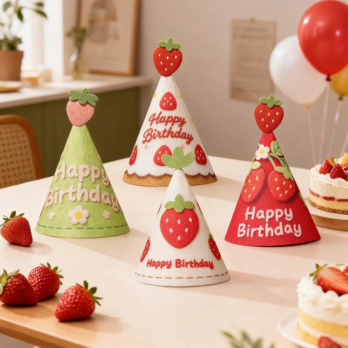 Cute Sweet Strawberry Birthday Hat, Party Hat for Adults, Boys, Girls, Celebration Photo Props, Perfect for Gatherings and Events