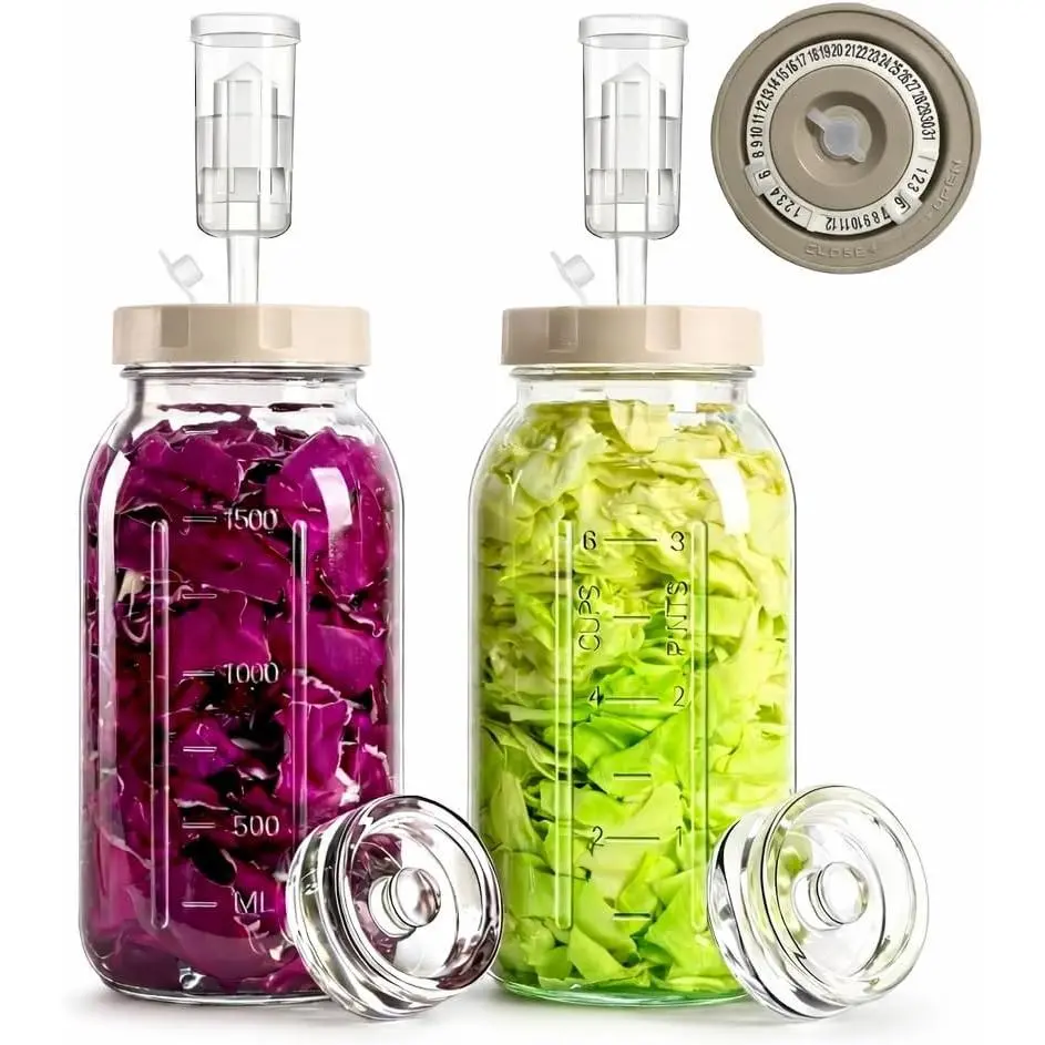 64oz/2L Glass Fermentation Jar (2 Pack Jars Included) | Glass Fermenting Jar with Dial Date  ,Airlocks & Weights,Fermenting Kit for Sauerkraut,Pickling,Kombucha & Cider