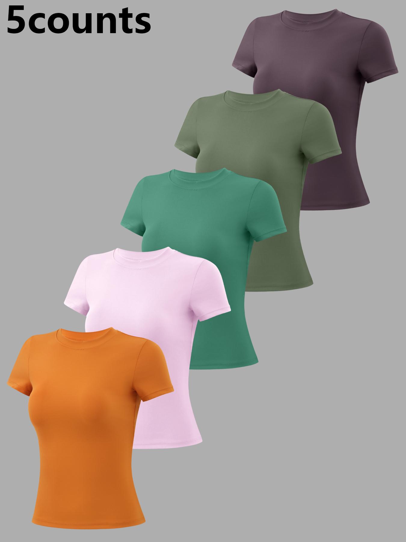 5 Women's Patchwork High Elastic Soft & Comfortable Round Neck Flat Shoulder Short Sleeve Yoga Clothes, Athletic Activewear, Four Seasons Outdoor Running, Cycling, Mountain Walking, Home T-shirt Gym Training