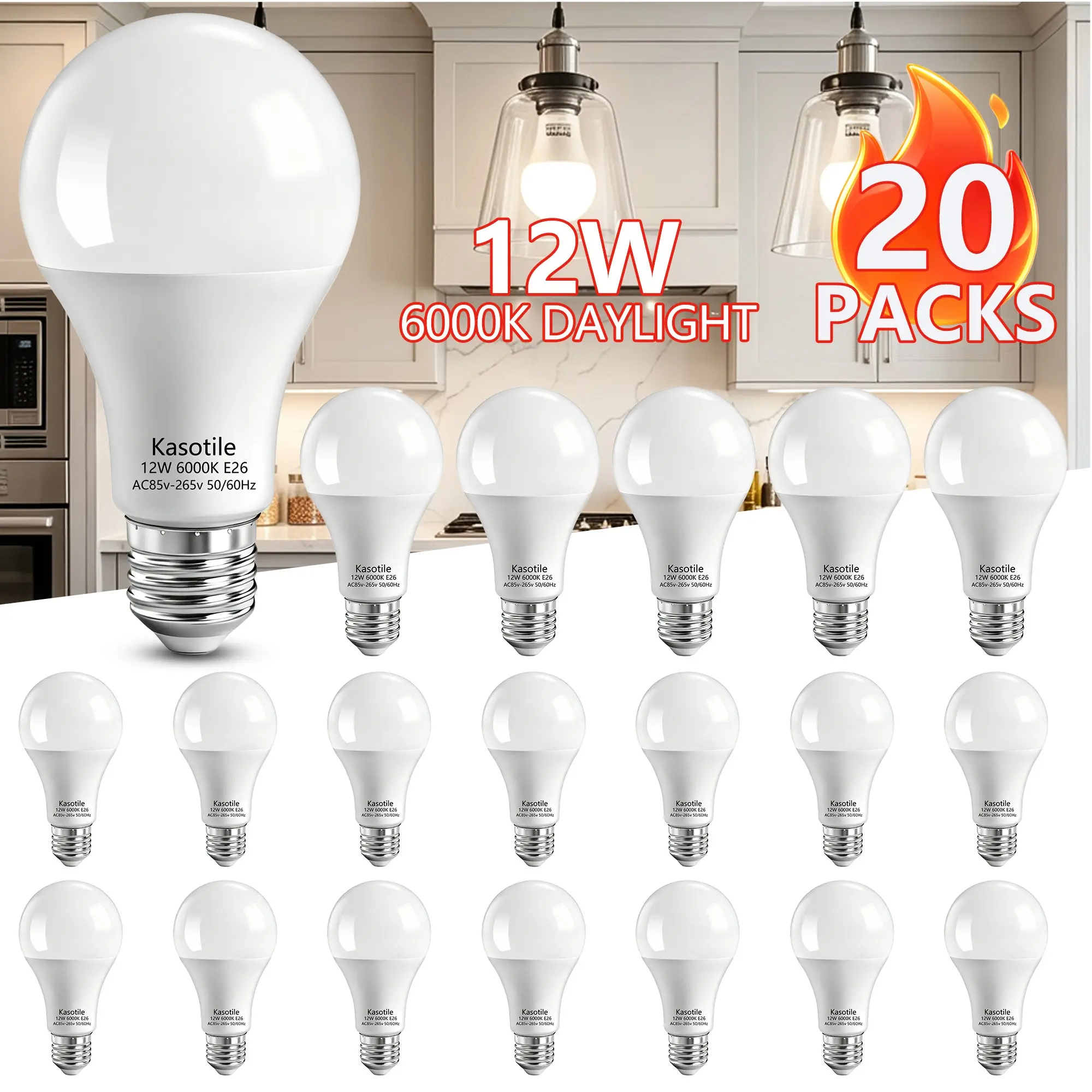 20-Pack Kasotile A21 LED Light Bulbs, 12W 100 Watt Equivalent LED Bulb, 3000K/6000K Daylight White, 1320 Lumens, E26/E27 Medium Base, CRI 85+, LED Bulbs for Bedroom Living Room Non-Dimmable