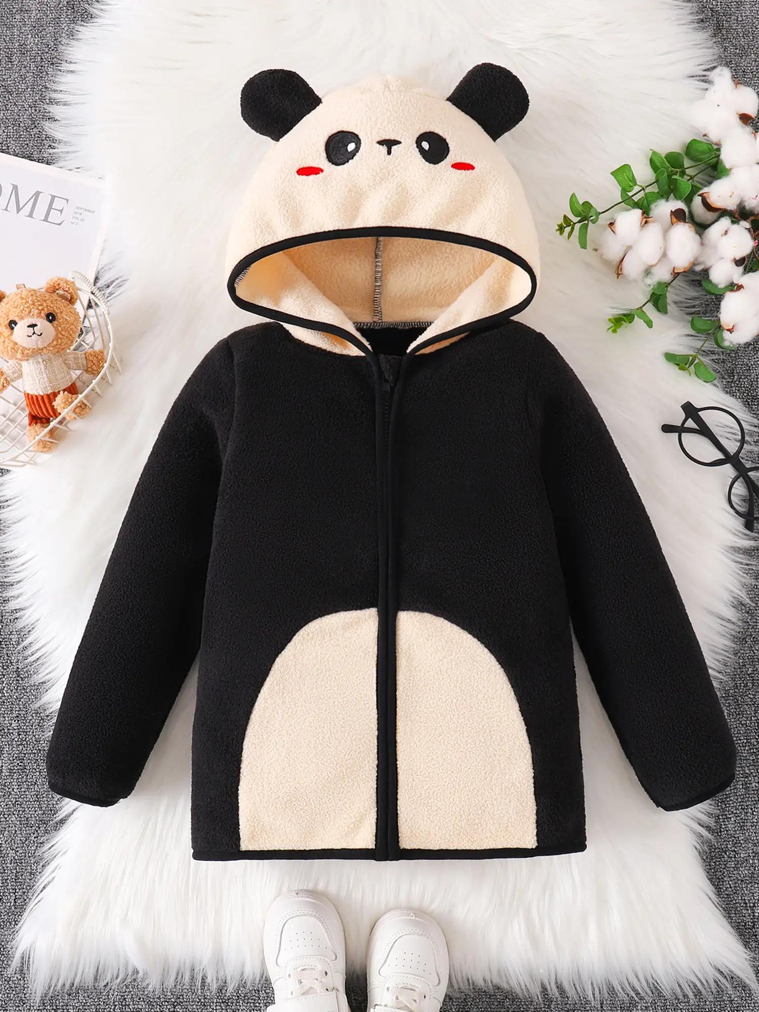 Girls' Panda Hooded Coat - Black & Beige Animal Outerwear, Zip-Up Front Closure, Soft Polyester Jacket for Everyday & Special Occasions, Cute Panda Clothing for School, Parties, Family Outings - Fall/Winter Coat, Panda Clothes, School Wear, Playful Design