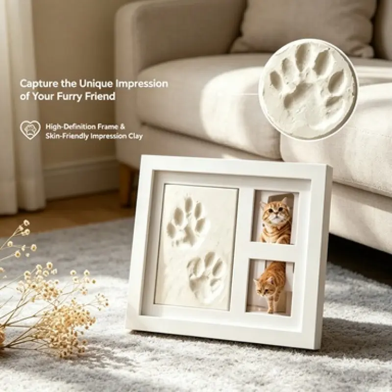 2-in-1 Pet Paw Imprint & Photo Memory Frame, Non-Toxic Safe Impression Clay & Minimalist White Wood Frame, Ideal for Pet Lovers to Preserve Precious Companion Growth Moments