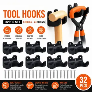 32-Piece Plastic Garden Tool Organizer Rack, Includes 8 Hooks and 24 Screws, Compatible with Long-Handled Tools, Durable and Easy to Install