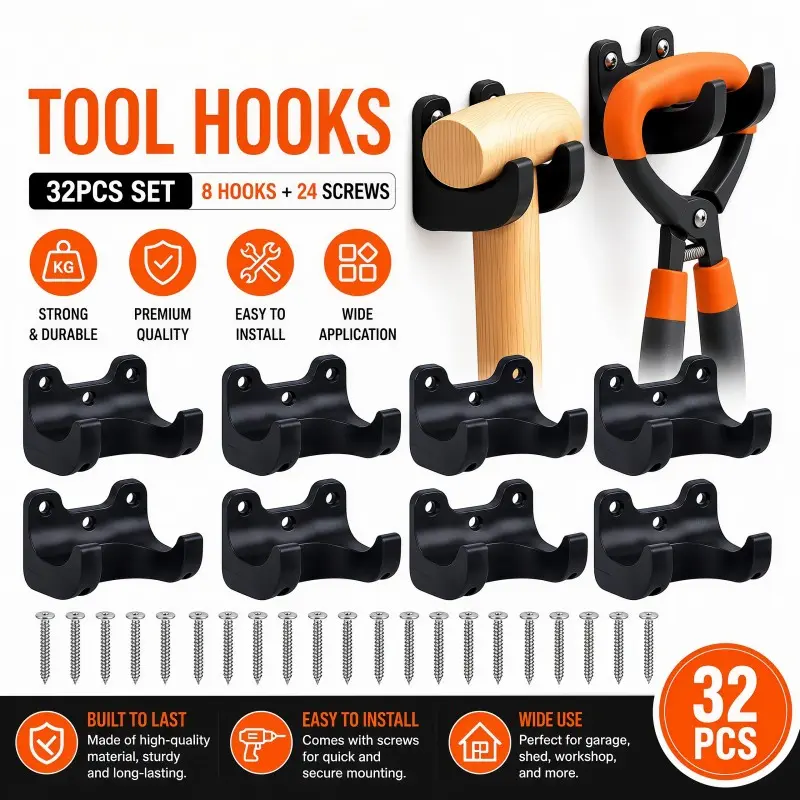 32-Piece Plastic Garden Tool Organizer Rack, Garden Tool Holder, Includes 8 Hooks and 24 Screws, Compatible with Long-Handled Tools, Durable and Easy to Install