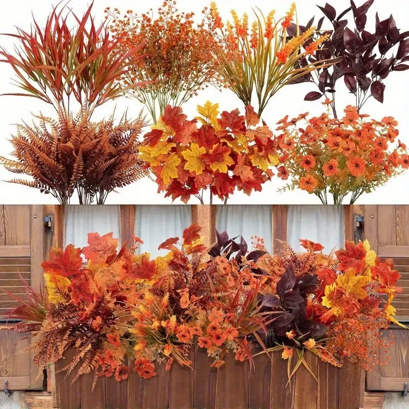 16 Branch Autumn Artificial Flower Bouquet, UV Resistant Plastic Fake Flowers, Indoor Outdoor Faux Floral Decor, Floral Decoration, Perfect for Thanksgiving Halloween Christmas Parties