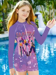 Girls' One-Piece Swimsuit, Heart Pattern, Quick-Dry Sun Protection Long Sleeve, Beach Pool Surfing Casual Sportswear