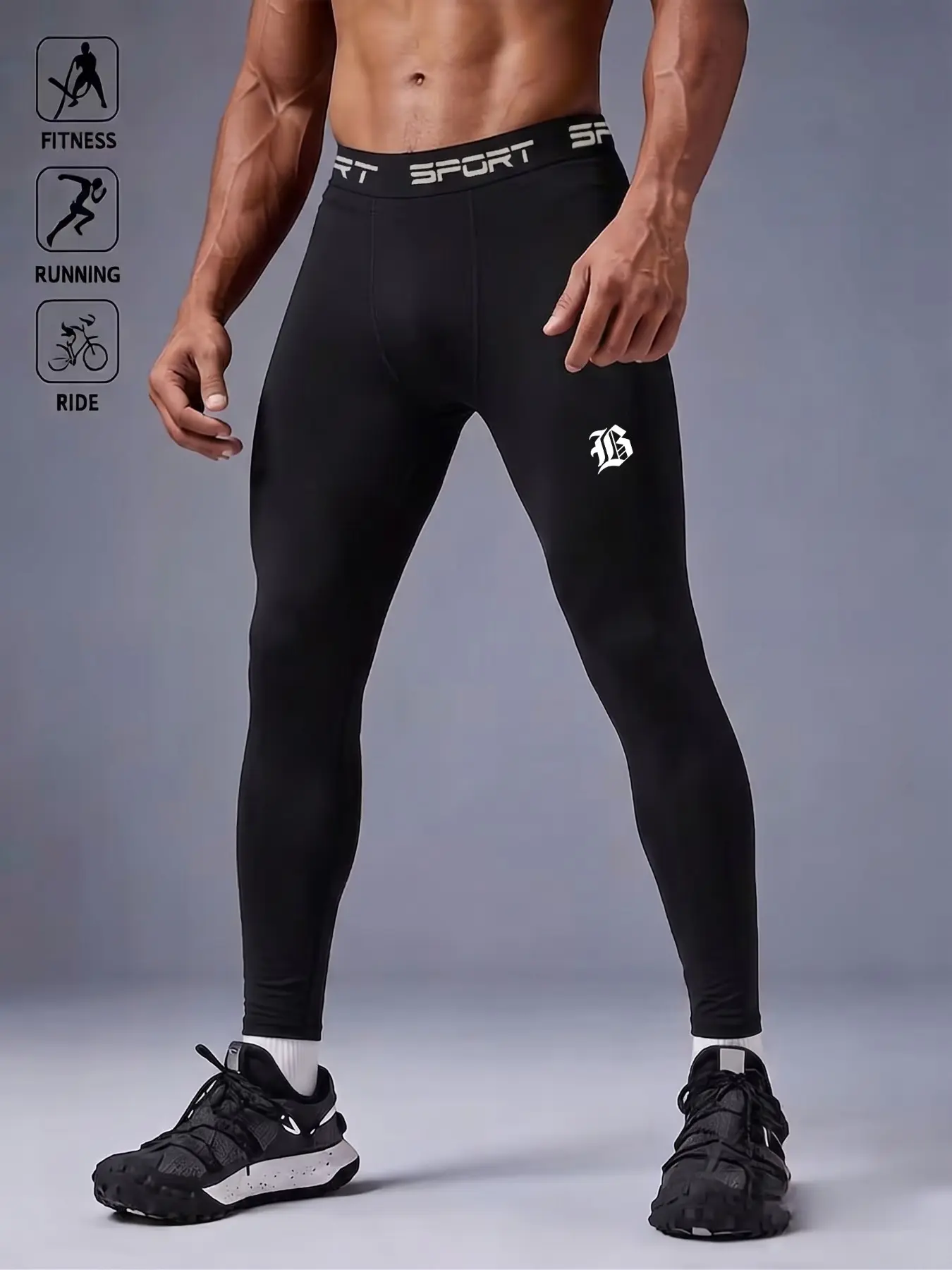 1-Pack Men's Compression Black Pants, Letter B Graphic Print Athletic Leggings Quick Dry Base Layer Tights for Running Gym Cycling Workout Activewear.