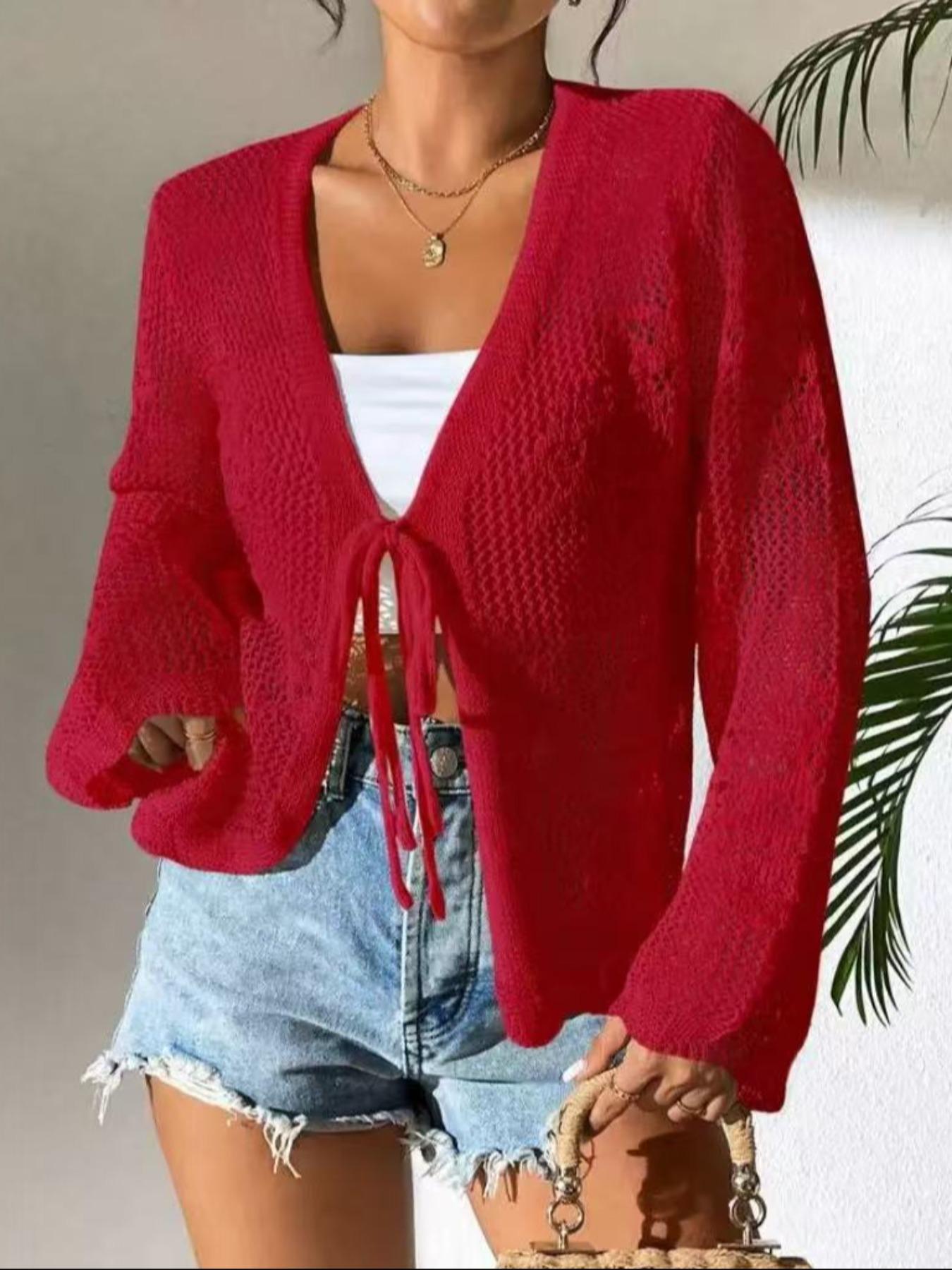 Women's Fitted Plain Sheer Tie Front Sweater Cardigan, Casual Long Sleeve Cardigan for Daily Wear, Ladies Knitwear for All Seasons