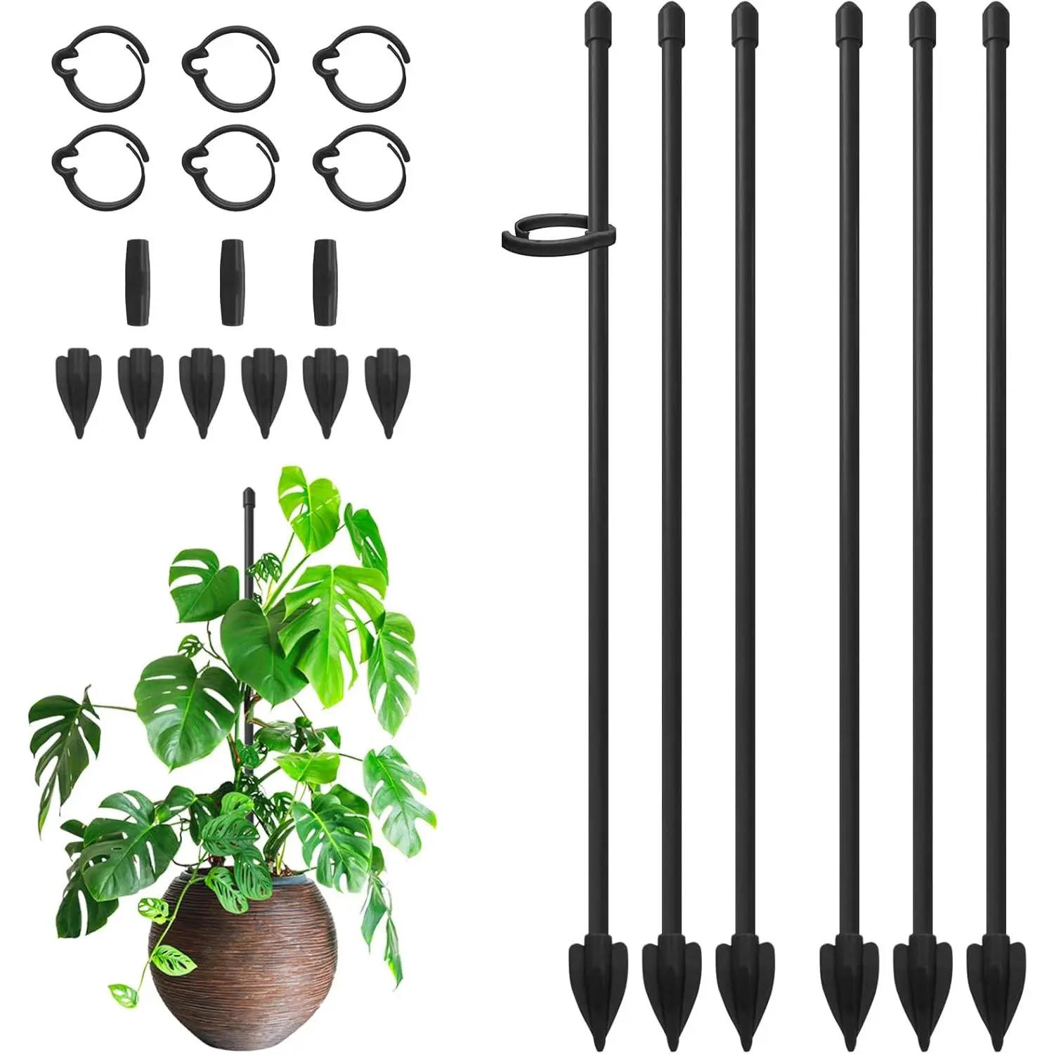 6 PCS Black 14-Inch Fiberglass Plant Support Stakes with Clips, Adjustable Tall Sticks for Indoor Monstera, Tomato Potted Plants
