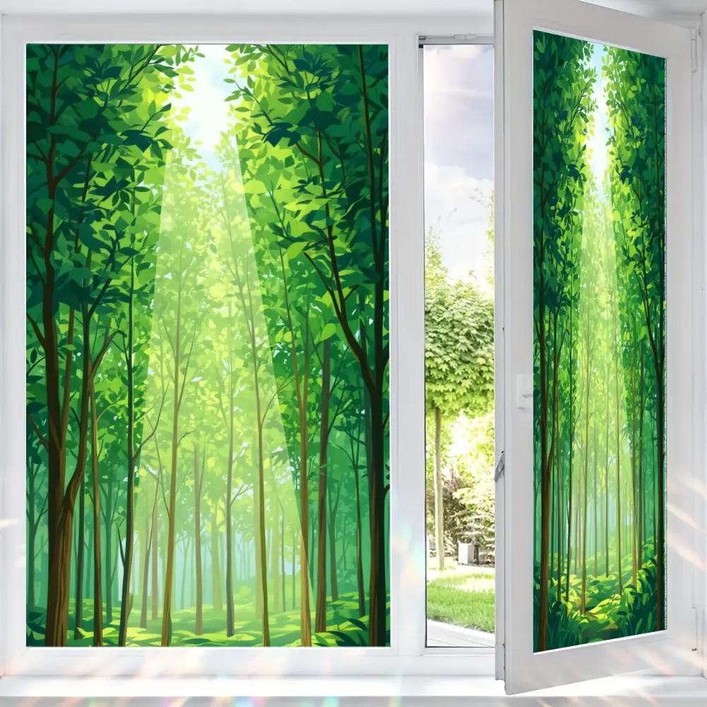 2D Flat Static Cling Forest Trees Pattern Window Film Ornament For Living Room And Bedroom Removable Window Decals