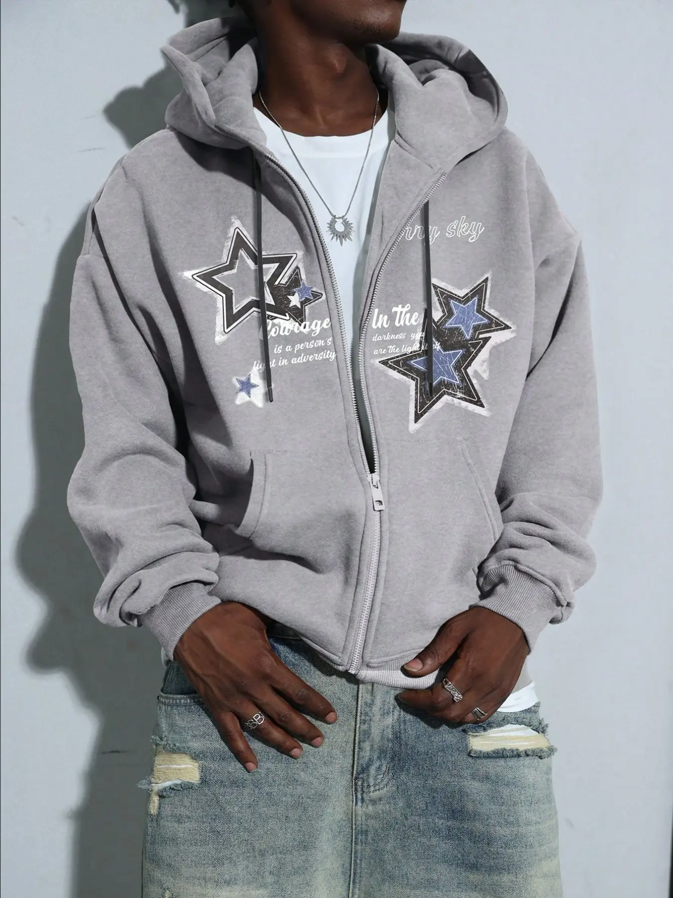 Layered Pentagon Graphic Logo Print Zipper Hoodie, Pure Retro Streetwear Unique Long Sleeve Open Front Top, Fall Casual Loose-Fitting Jacket, Graphic Streetwear Clothing