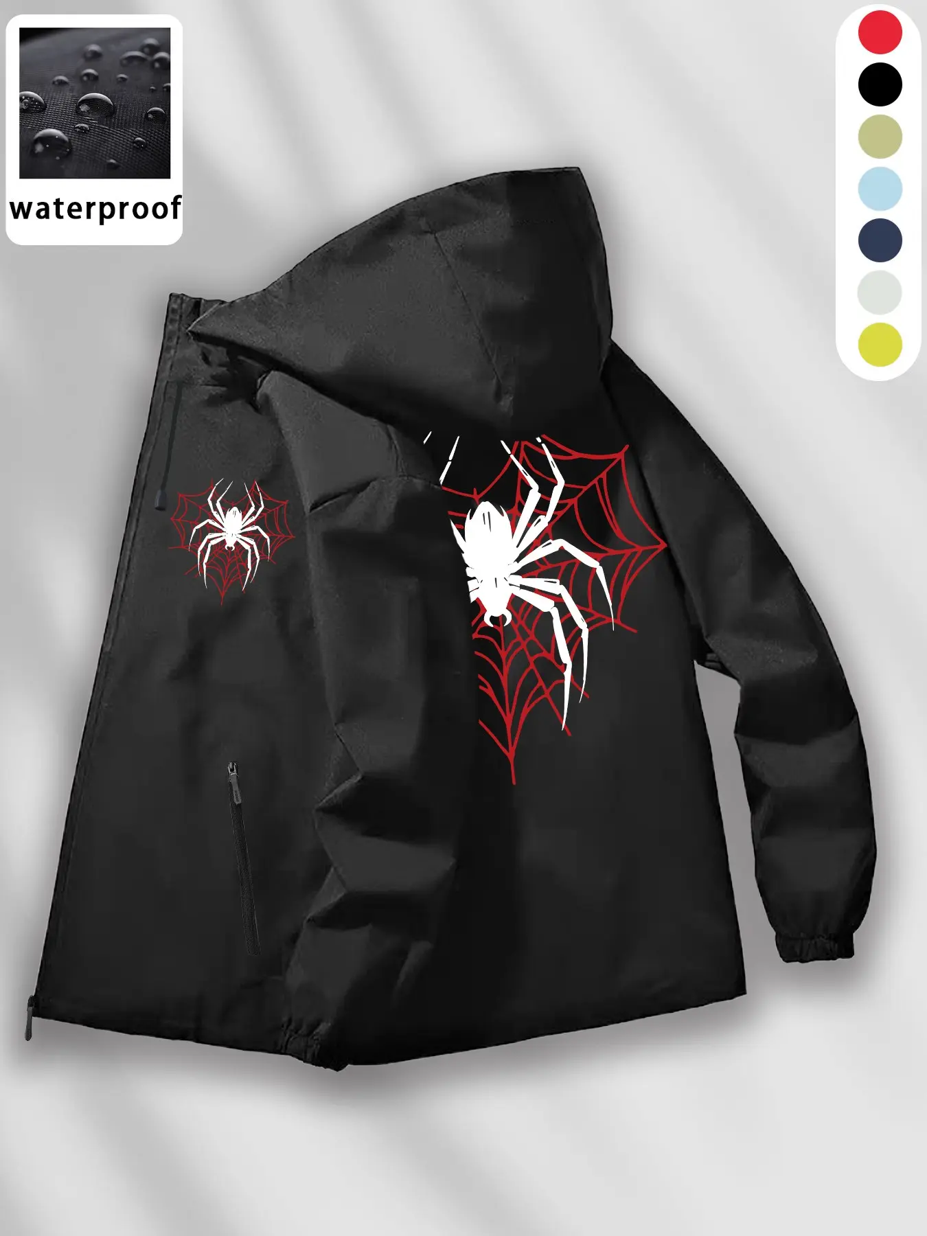 Men's Hooded Waterproof Hardshell Jacket, Gothic Spider Web Print, Zippered Pockets, Windproof, Outdoor Hiking, Casual Streetwear, Multiple Colors
