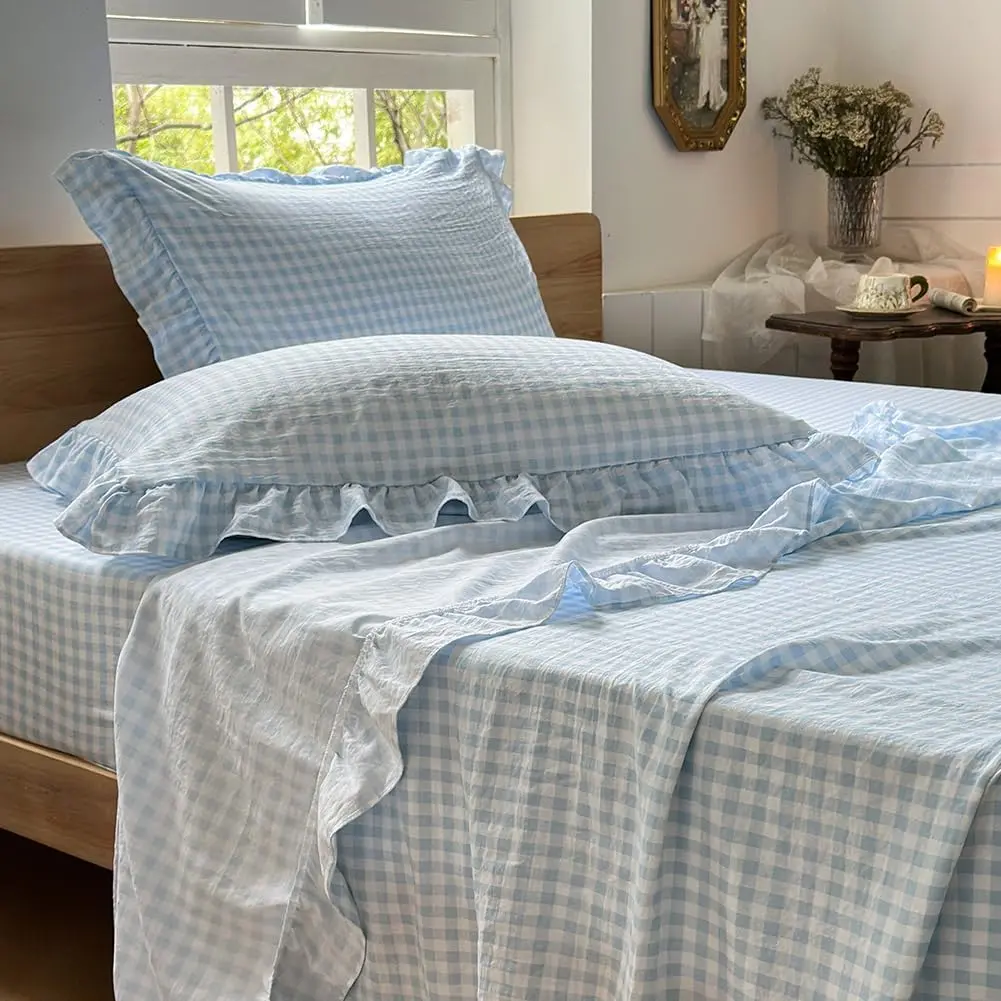 Light Blue Gingham Ruffle Full Sheet Set, Blue Soft Pre-Washed Microfiber Plaid Full Bed Sheets, 4-Pieces Farmhouse Sheet Set with Deep Pocket