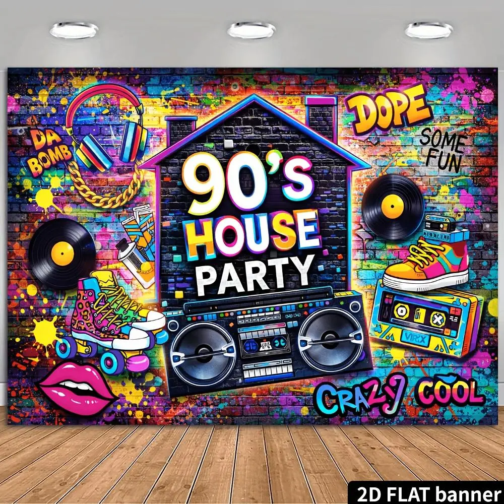 2D Flat 90S Hip-Hop Party Backdrop, Colorful Graffiti Brick Wall Style, Featuring Vintage Elements Like Records, Boomboxes, Roller Skates, And Cassettes, Durable Polyester Material, No Power Needed, Suitable fo