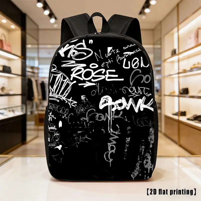 Unisex Graffiti Art Casual Outdoor Backpack - Black Lettering, Lightweight, Large-Capacity, Adjustable Straps, Zippered Closure, Laptop Compartment, Hand Washable for Hiking, Commuting