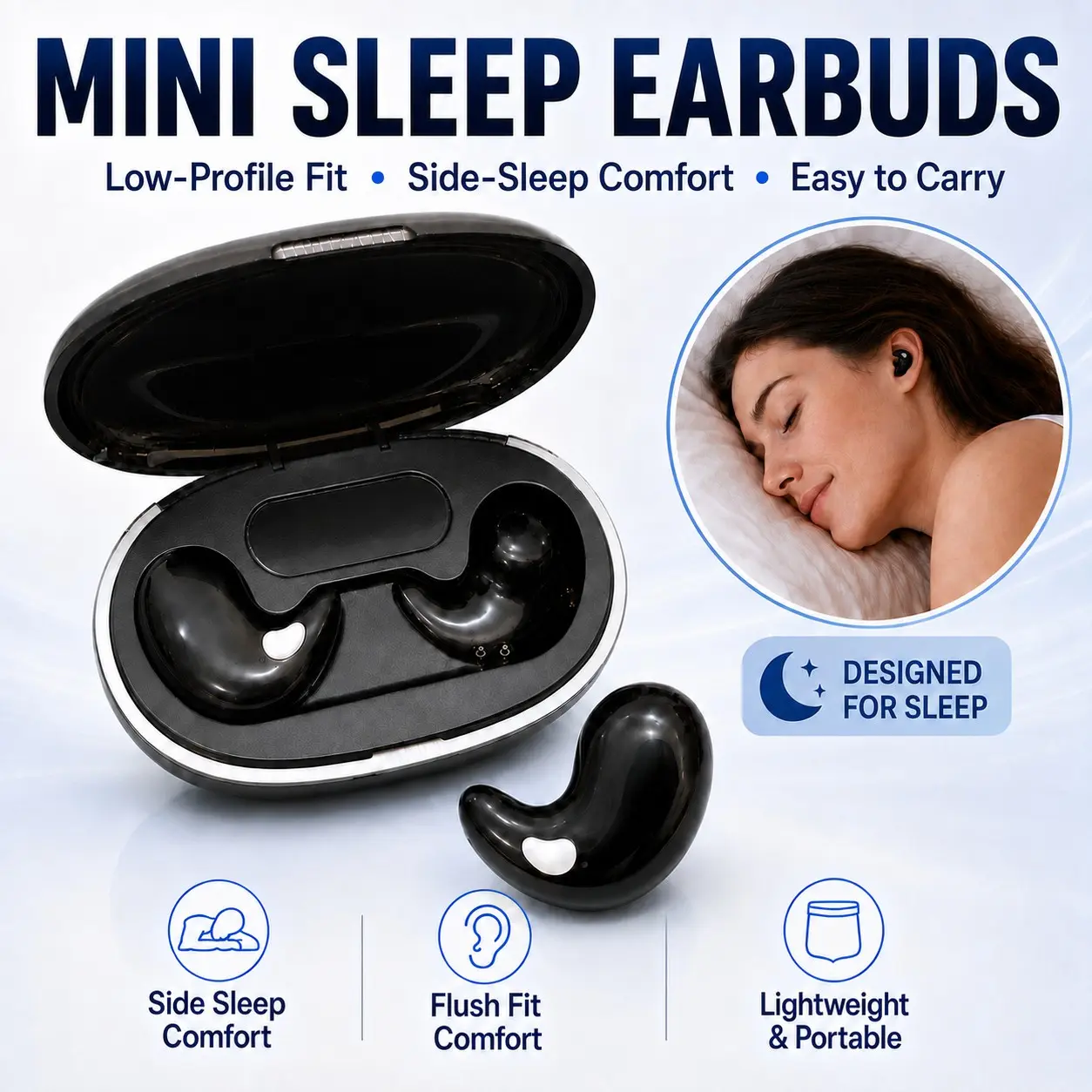 Bluetooth Sleep Earbuds for Side Sleepers, Mini Low-Profile Wireless Earbuds, Comfortable Bean-Shaped In-Ear Headphones with Compact Charging Case for Sleeping, Travel & Everyday Use