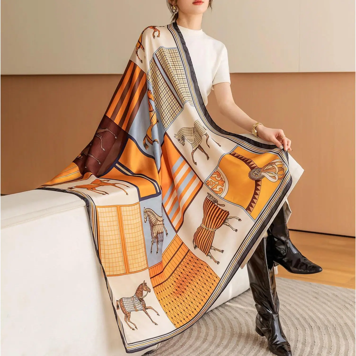 Luxury Horse Print Square Scarf Vintage Imitation Silk Shawl Scarf  Women Windproof Outdoor Head Wrap 110*110cm \[p'[;