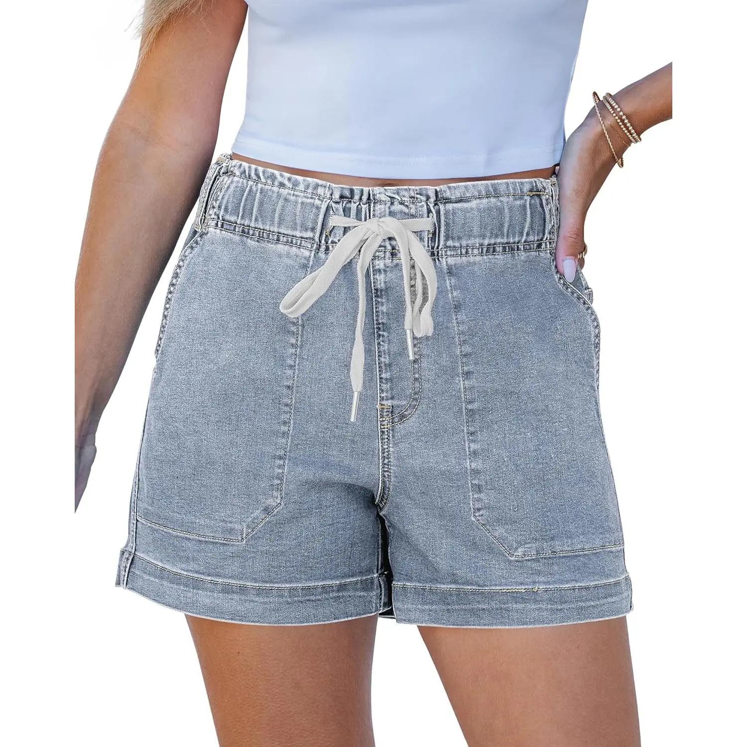 Women's Trendy High-Waisted Drawstring Pull-On Elastic Waist Stretchy Denim Jean Shorts, Mid-Thigh Bottoms, Bottom, Minimalist, Basic