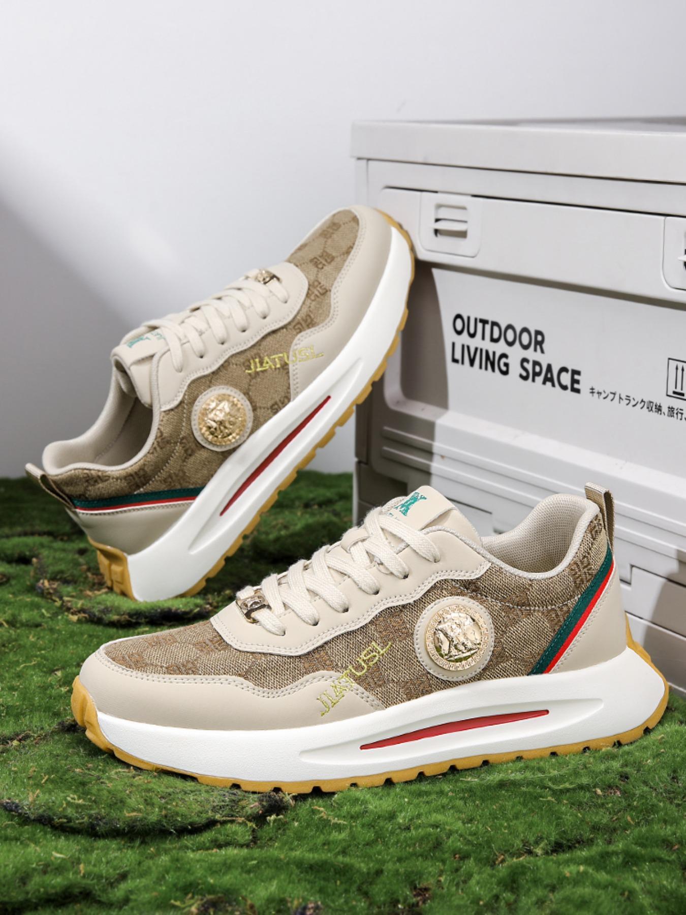 Men's Khaki Luxury-Inspired Chunky Sneakers, Gold Emblem Accents, Retro Monogram Design, Thick Cushioned Sole, Streetwear Casual Shoes for American Trendsetters