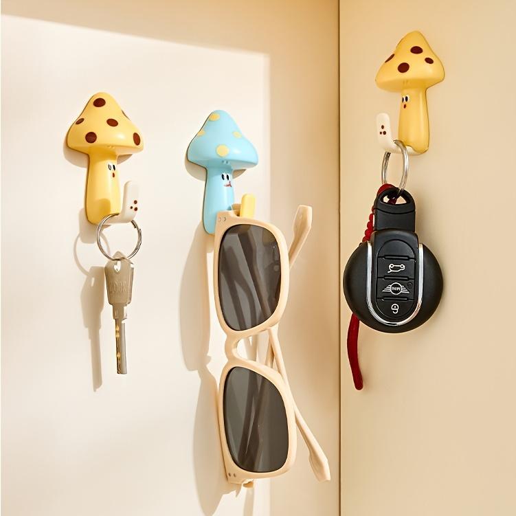 Set of 4Cute Cartoon Mushroom-Shaped Hooks, Self-Adhesive And No-Drill Wall-Mounted Hooks, Creative Key Holders, Coat And Towel Storage Racks, Bathroom And Kitchen Wall Decor (Blue + Yellow)