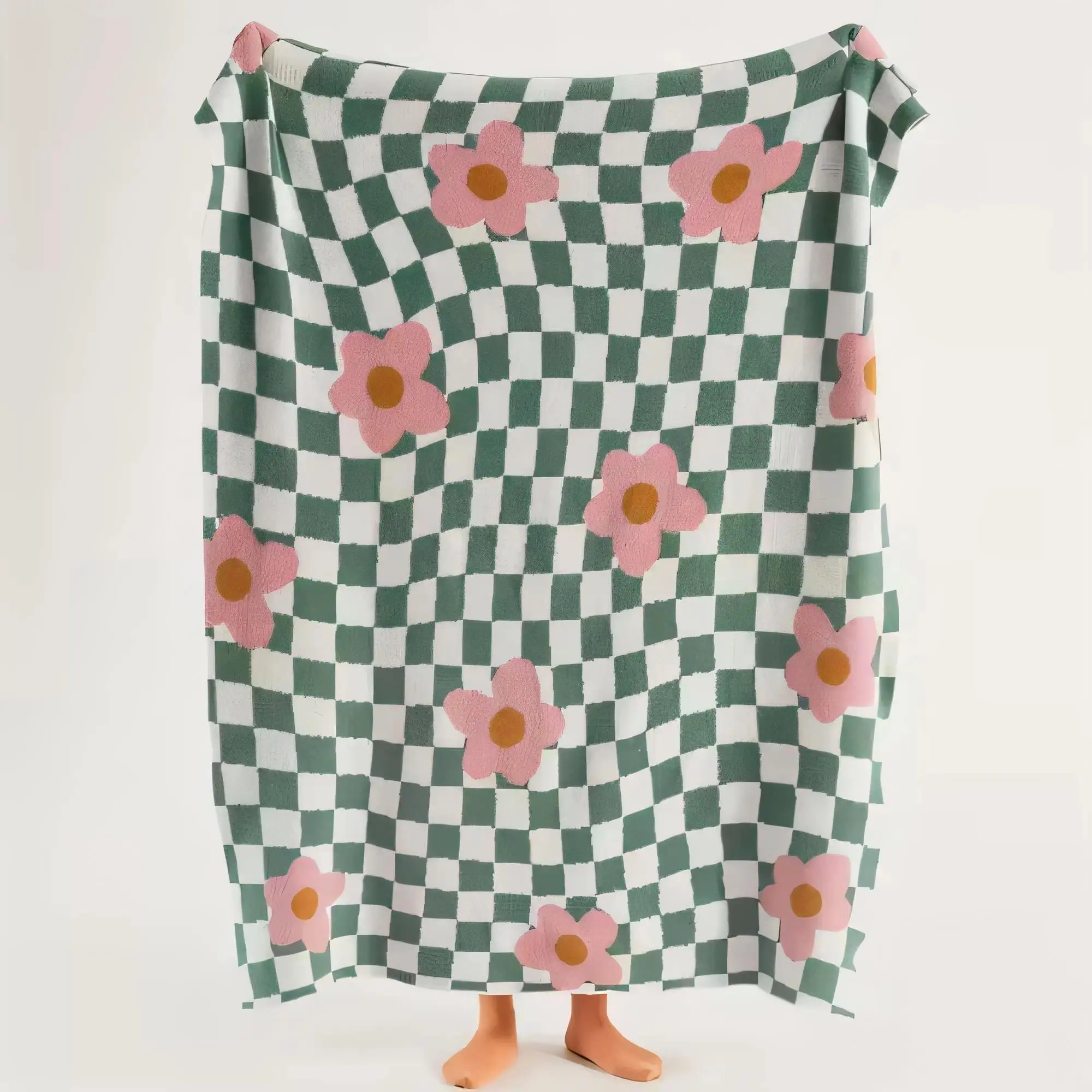 Checkerboard Pattern Blanket - Green and White with Pink Florals, 60x50in/80x60in, Wrinkle Resistant, Breathable, Soft Cozy All-Seasons Lightweight Bedding/Sofa Home Decor, Ideal Birthday Gift, Cozy Home Decor, Checkered Floral