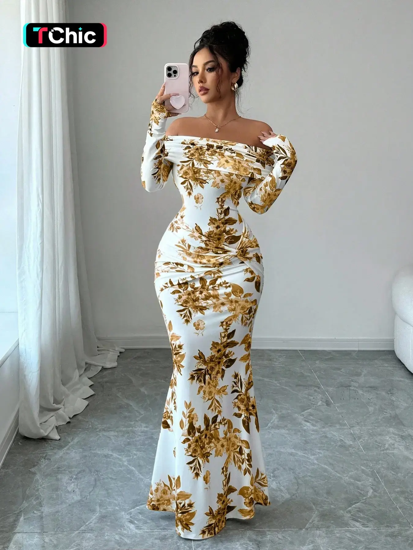 Young Lady Knitted Floral Print One-Shoulder Long Sleeve Dress, Waist Tie Backless Fish Tail, Elegant Party Date Fall Winter Dress